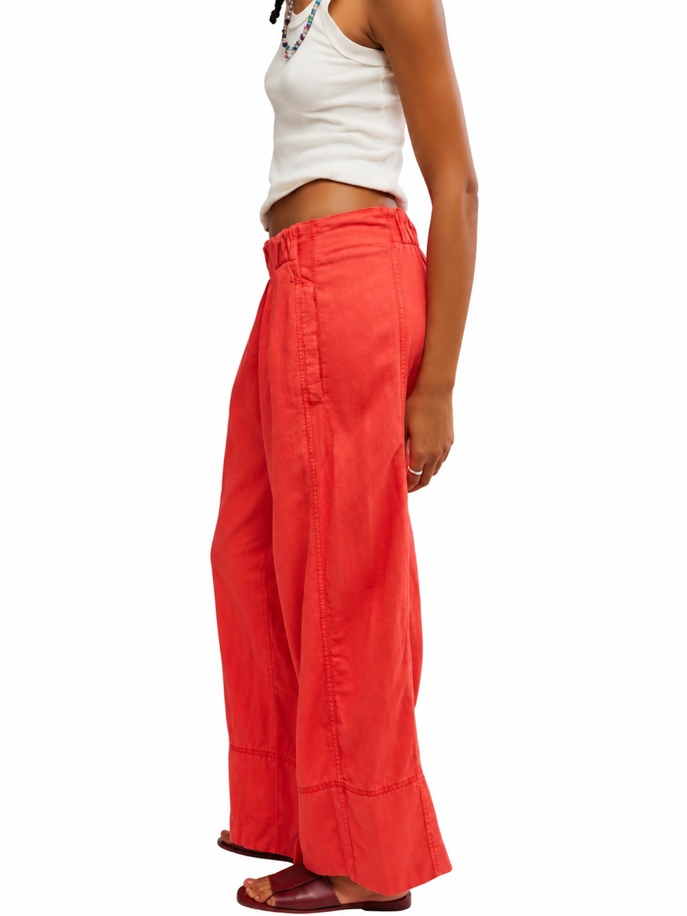 Free People Day's End Red Linen Pull-On Pants Wide Leg Sz L